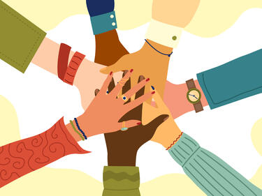 Cartoon hands of diverse group of people putting together. 